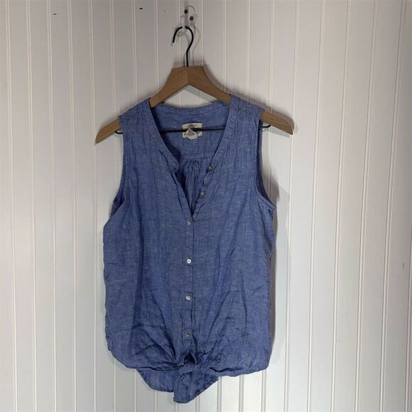 Christian Siriano Blue Linen Button Down Sleeveless Top L Minimalist Coastal - Picture 1 of 6